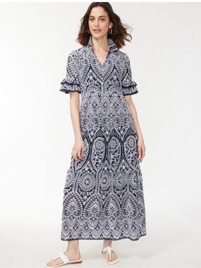 100% Cotton Chico's Navy and White Embroidered Paisley Maxi Dress